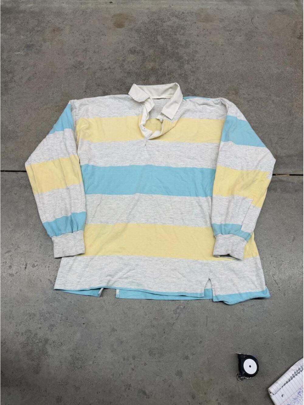 vintage grey blue and yellow striped rugby polo shirt size large MISSING BUTTONS